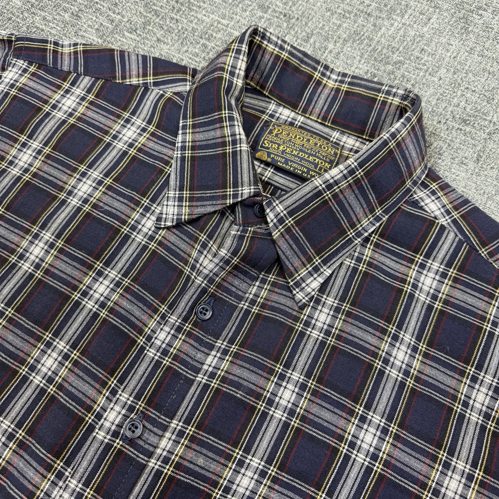 Vtg Pendleton Shirt Mens Large Blue‎ Plaid Virgin Wool Long Sleeve Made in USA
